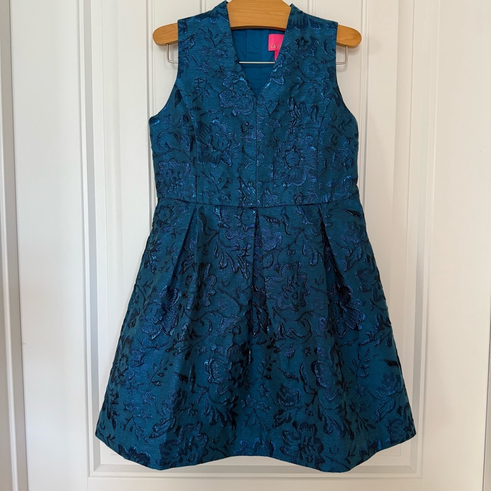 Lilly Pulitzer Girls Mini Tanlee Dress in Teal Bay Blooming Brocade